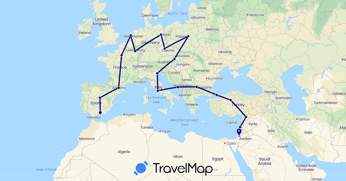 TravelMap itinerary: driving in Andorra, Bulgaria, Czech Republic, Germany, Spain, France, Croatia, Israel, Italy, Lebanon, Luxembourg, Netherlands, Poland, Slovakia, Syria, Turkey (Asia, Europe)